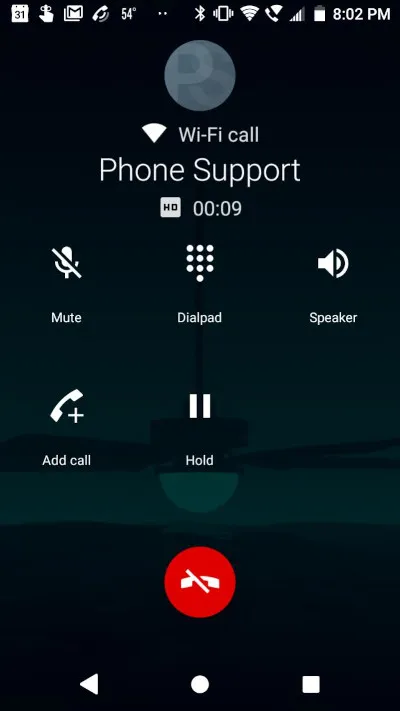 screenshot of ongoing wifi call